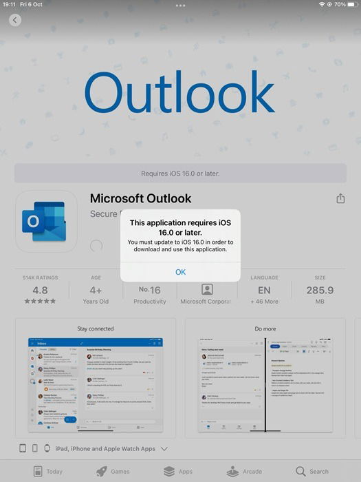 Для правильной работы приложения Outlook на iPad требуется iOS 16.