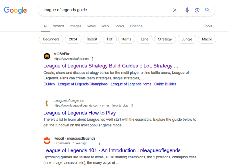 поиск League of Legends в Google Search показывает результаты