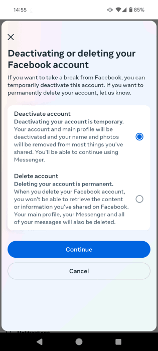 Принимаем меры по деактивации учетной записи Facebook.