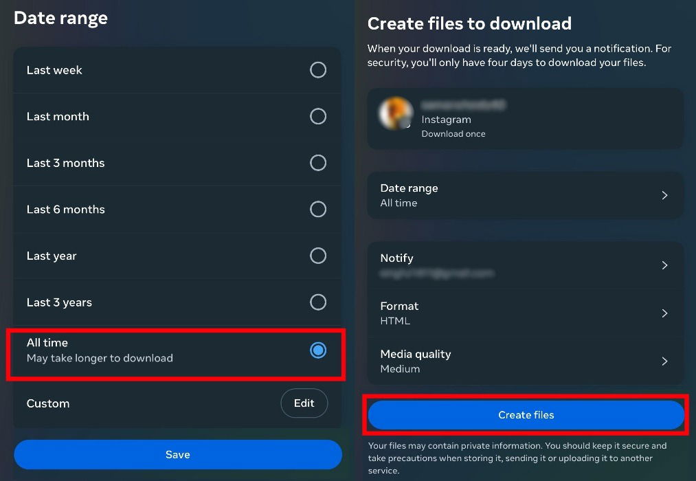 2 снимка экрана: на первом показаны параметры диапазона дат для проверки ваших ожидающих запросов на подписку в Instagram, а на втором показано, как пользователь создает запрошенные файлы для просмотра позже.