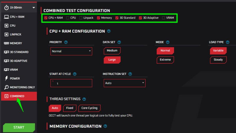 Все настройки теста OCCT при комбинированном тесте