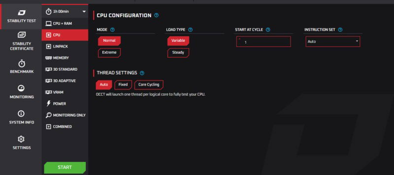 Интерфейс OCCT с открытыми настройками теста ЦП