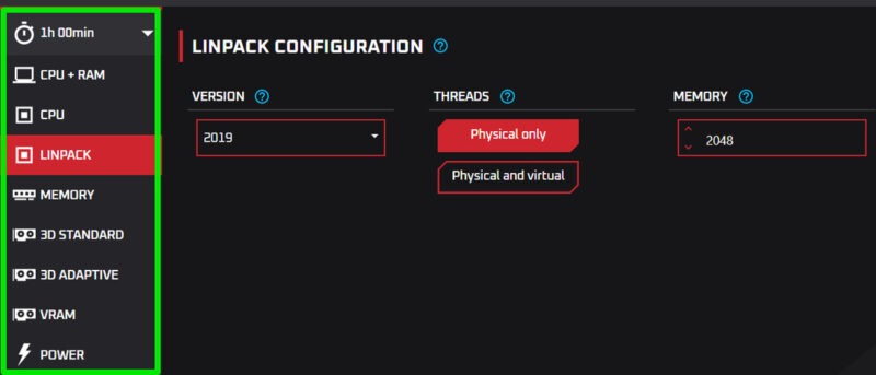 Список инструментов в OCCT с выбранным Linpack