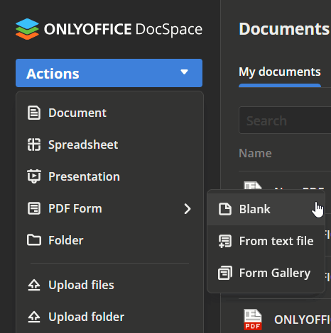 Добавление новой пустой PDF-формы в ONLYOFFICE DocSpace.