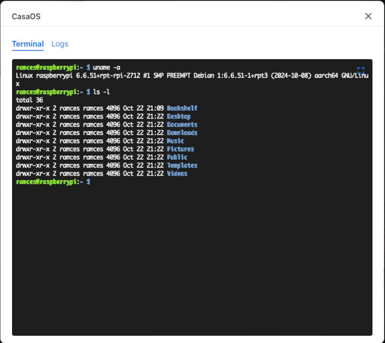 Снимок экрана, показывающий встроенное окно терминала CasaOS.