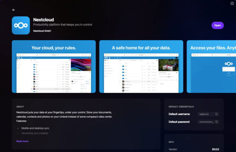Снимок экрана, показывающий страницу магазина Nextcloud в Umbrel App Store.