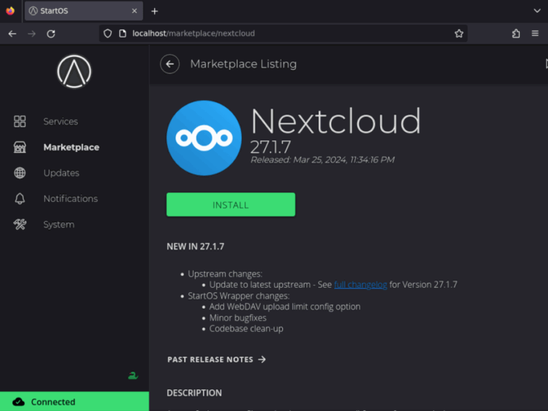 Снимок экрана, показывающий страницу магазина Nextcloud в магазине приложений StartOS.