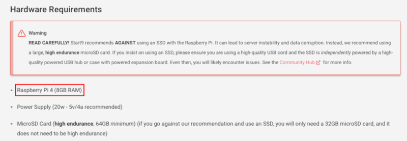 Снимок экрана, на котором показаны требования Raspberry Pi 4 для StartOS.