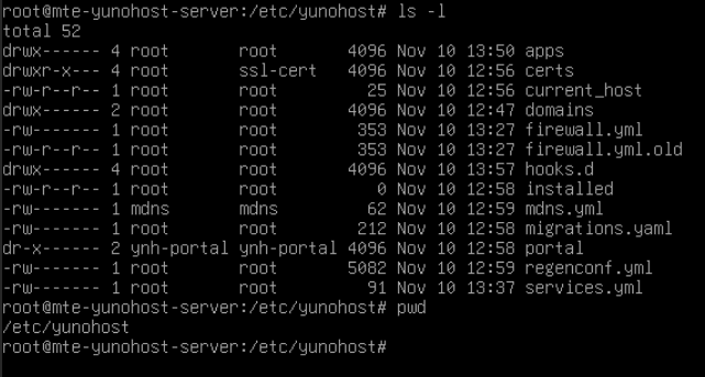 Терминал, показывающий содержимое системного каталога Yunohost.