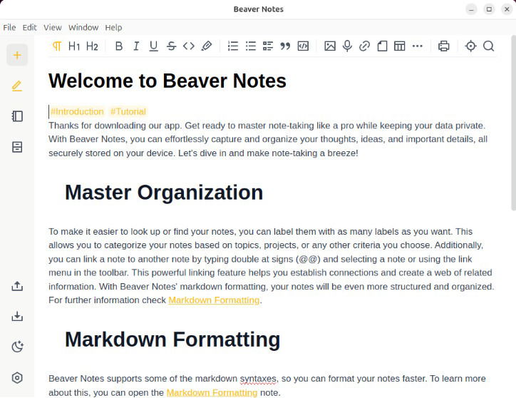 Снимок экрана, показывающий целевой экран по умолчанию для Beaver Notes.