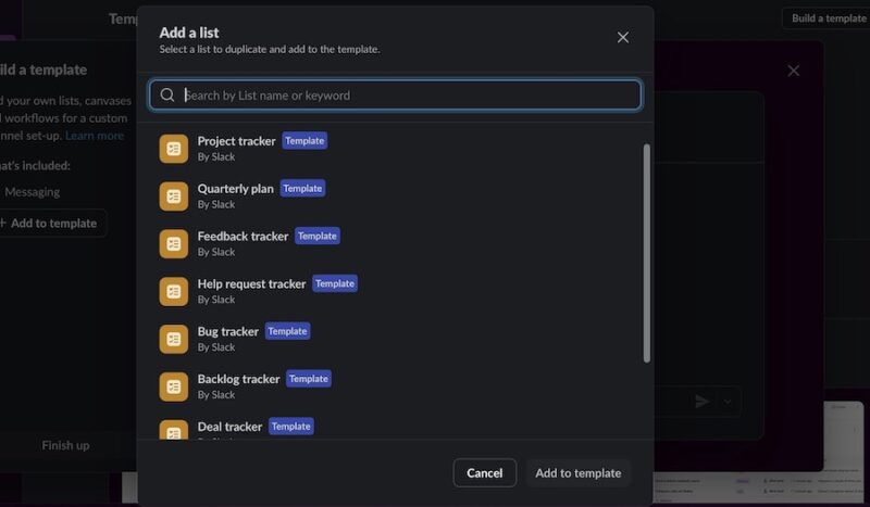 Выберите тип списка, который вы хотите добавить в шаблон Slack.
