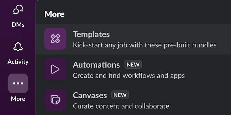 Выберите трехточечный значок в Slack и нажмите «Шаблоны».