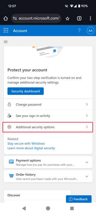 Выбор «Дополнительные параметры безопасности» на странице учетной записи Microsoft на мобильном устройстве.