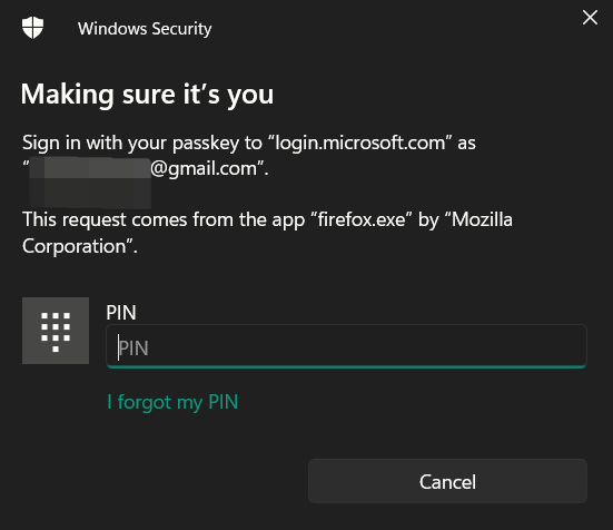 Ввод PIN-кода для входа в учетную запись Microsoft без пароля.