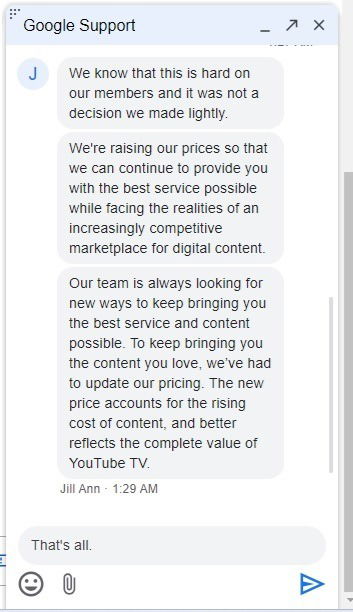 Подробности чата с Google о повышении цен на YouTube TV.
