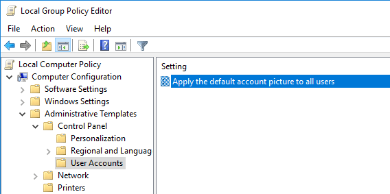 Настройка редактора локальной групповой политики для применения изображения учетной записи по умолчанию ко всем пользователям.