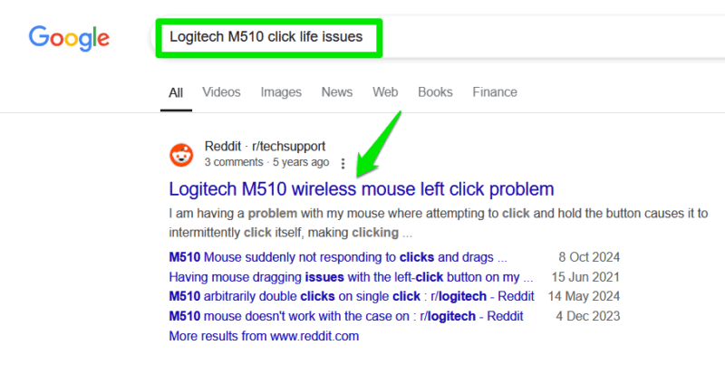Поиск Google показывает результаты по проблемам с мышью