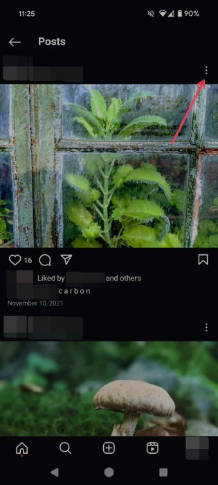 Нажатие на три точки для отдельной публикации в Instagram.