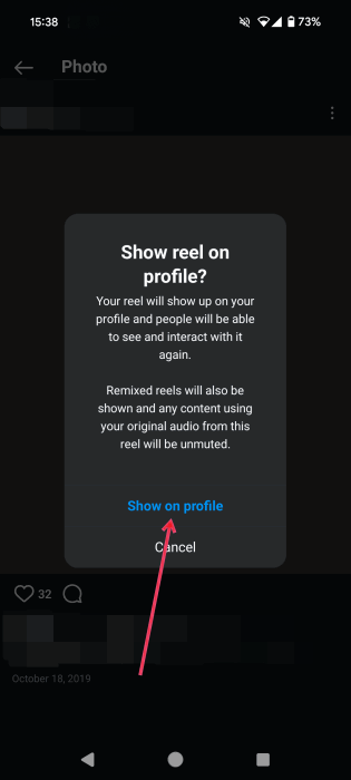 Нажмите «Показать в профиле» во всплывающем окне Instagram на мобильном устройстве.