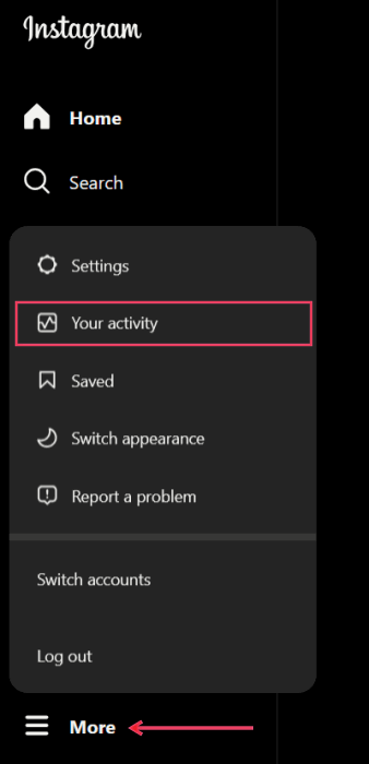 Выбор опции «Ваша активность» в меню «Еще» в Instagram на ПК.