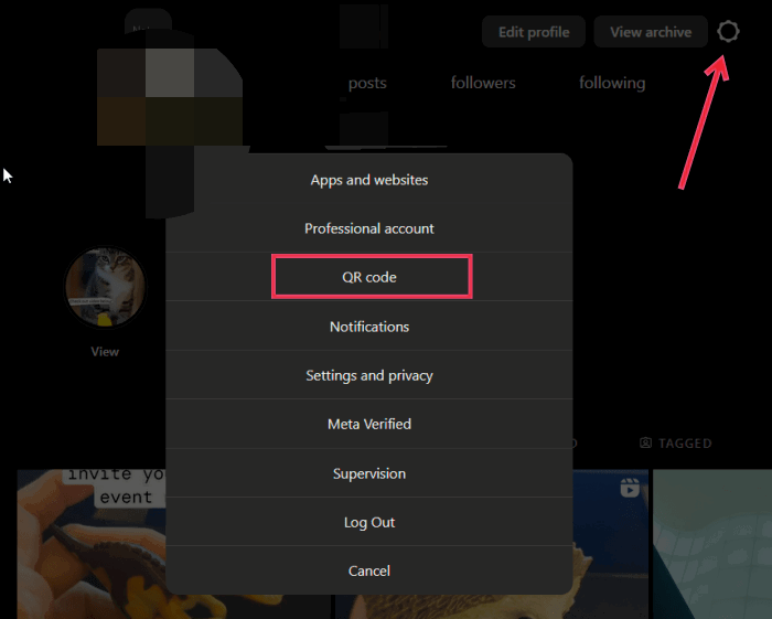 Выбор опции QR-кода в профиле Instagram на ПК,