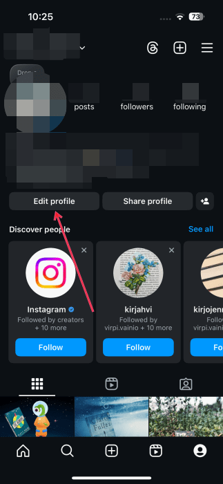 Нажмите кнопку «Редактировать профиль» в приложении Instagram на iPhone.