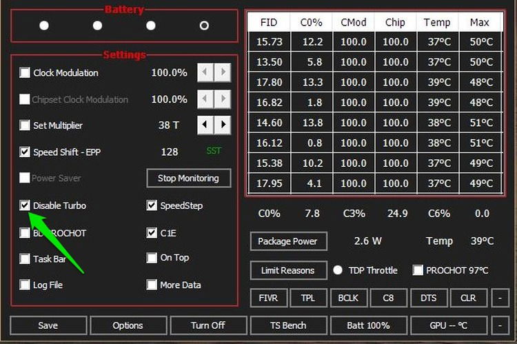 Интерфейс Throttlestop с включенной опцией Disable Turbo