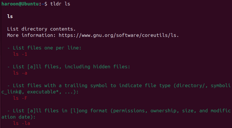 Просмотр информации о команде ls, включая ее пример, с помощью команды tldr.