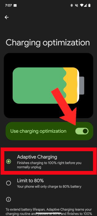 Включите адаптивную зарядку на телефоне Android