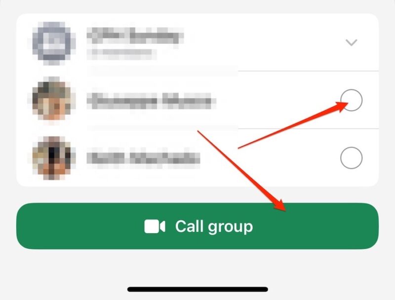 Прежде чем нажать кнопку, выберите людей, которых вы хотите привлечь к звонку в WhatsApp.