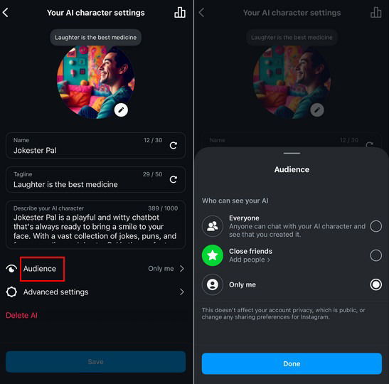 Настройка настроек аудитории персонажа Ai в Instagram