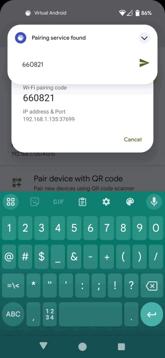 Ввод кода сопряжения для виртуального приложения Android на Android.