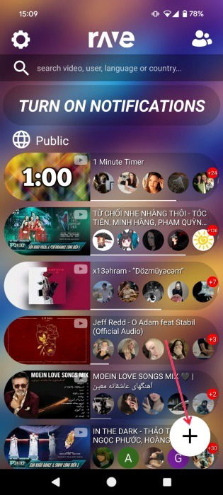 Нажатие кнопки + в приложении Rave на Android.