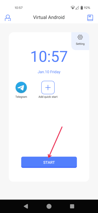 Нажатие кнопки «Пуск» в приложении Virtual Android.