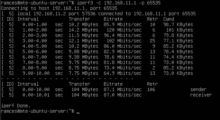 Терминал, показывающий измерение производительности Tinc в Ubuntu.