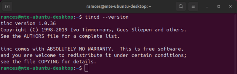 Терминал, показывающий текущую версию Tinc, работающую в Ubuntu.