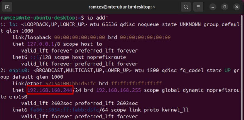 Терминал, выделяющий частный IP-адрес машины с Ubuntu.