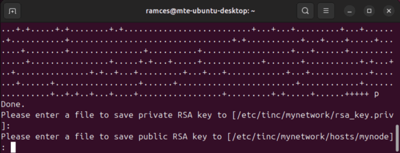 Терминал, показывающий процесс генерации пары ключей для Tinc в Ubuntu.