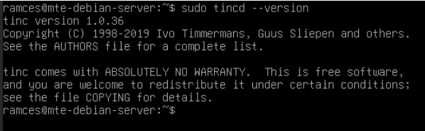 Терминал, показывающий версию Tinc в Debian.