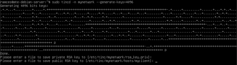 Терминал, показывающий процесс генерации пары ключей на второй машине Tinc.