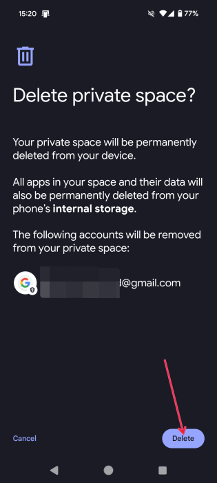 Подтверждаем удаление Private Space на Android.