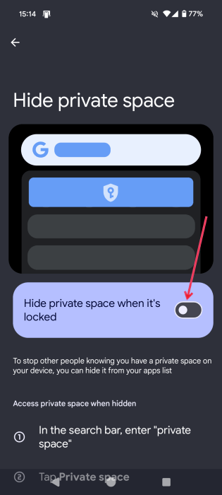Включение переключателя «Скрывать личное пространство, когда оно заблокировано» на Android.