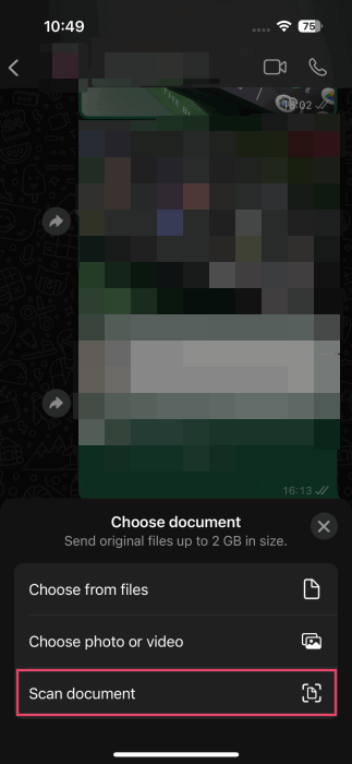 Нажатие на опцию «Сканировать документ» в WhatsApp на iPhone.